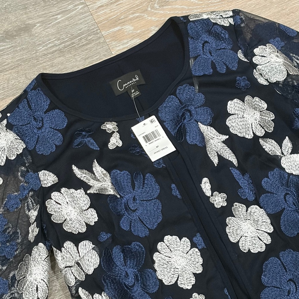 Connected Apparel Navy Blue Floral Embroidered Jacket Dress Set 8P